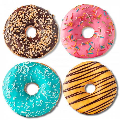 Пончики Ассорти 1 (соленая карамель, черничный, банановый, вишневый)